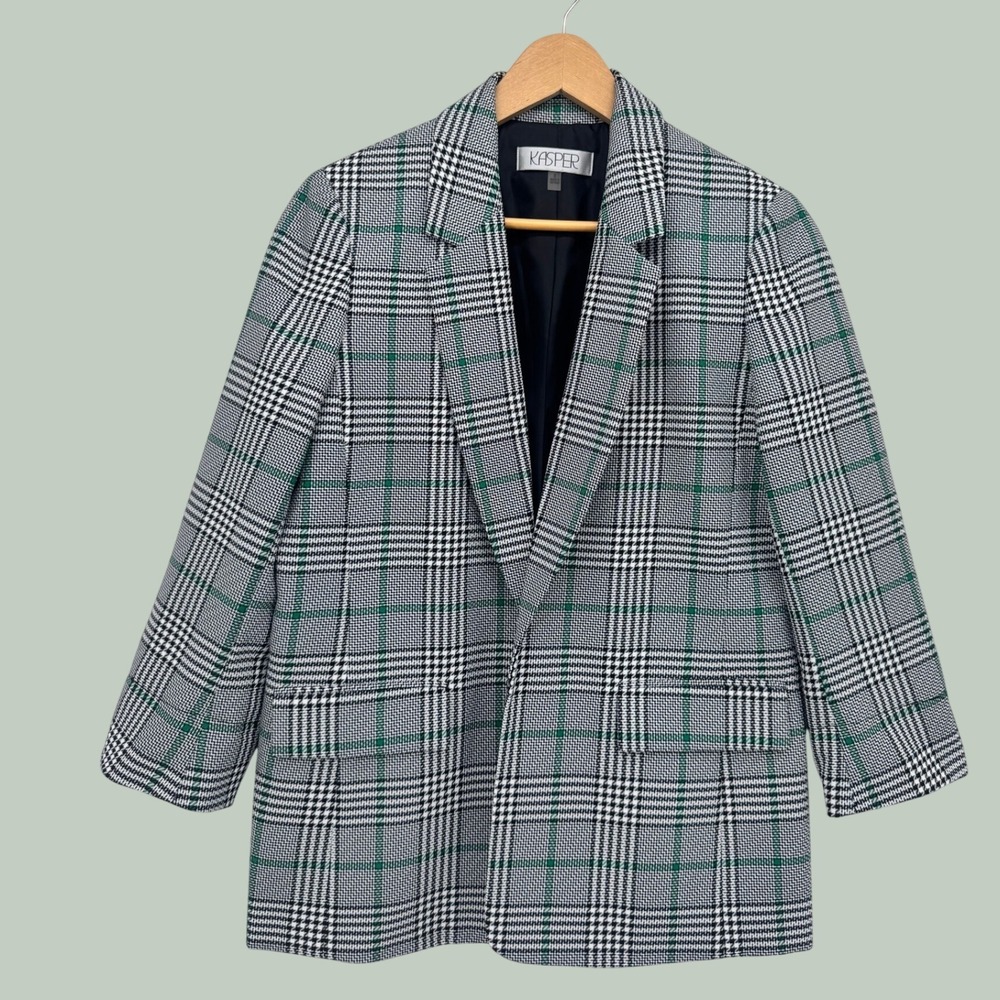 Kasper Glen Plaid Green Accent Open Front Tailored Blazer Size S